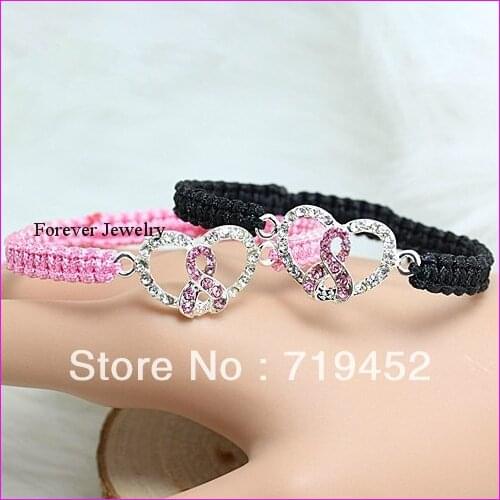 10pcs/lot free ship beautiful pink and black breast cancer bracelet,Pink Ribbon Breast Cancer Awareness sign bracelet