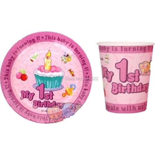 100PCS(50 cups +50 plates) My 1st Birthday Pink Disposable Paper Plates and Cups For Childrens Birthday Party Free Shipping