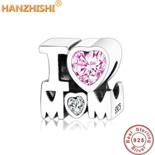 2018 New Style I LOVE MOM Heart Charms Beads With CZ Fits Original Pandora Charm Bracelet Necklace DIY Jewelry Making Berloques