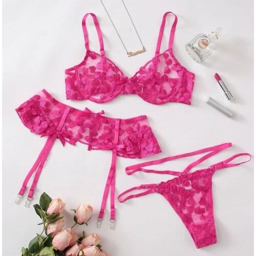 3pcs Sexy Heart Bra Set Embroidery Lingerie G-string Thong Temptation Underwear Breathable Sleepwear Ropa Interior Femenina