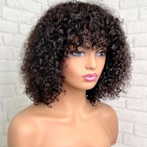Afro Kinky Curly Wigs Brazilian Remy Hair Full Machine Made Wig With Bangs 180% Short Curly Human Hair Wigs For Women Glueless