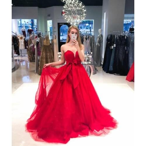 Elegant Long V-Neck Sleeveless Red Tulle Evening Dresses with Bow A-Line Floor Length Corset Back Formal Party Dress for Women