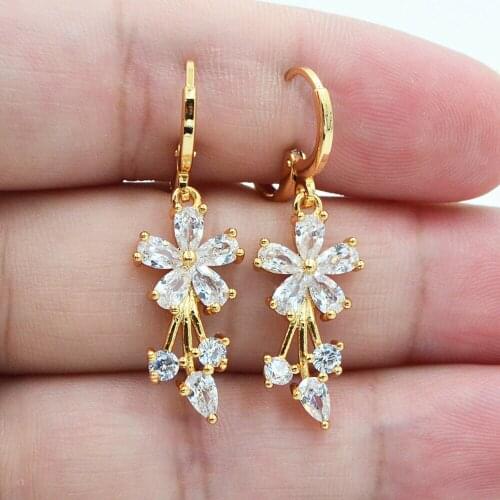 Elegant Gold Plated White Zircon Flower Dangle Earrings Pink/Green/Purple Crystal Bridal Drop Earrings Wedding Jewelry Gifts