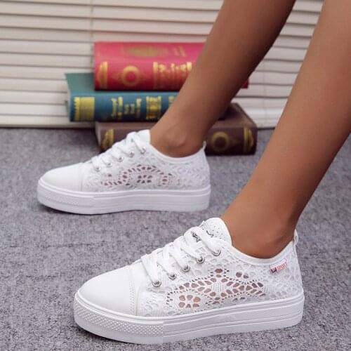 Women Shoes 2020 fashion summer casual white shoes cutouts lace canvas hollow breathable platform flat shoes woman sneakers