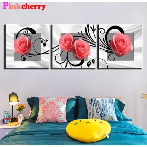 3 Pieces pink rose Diamond Painting Cross Stitch 5D Diamond Embroidery flower Mosaic Triptych painting by numbers stickers