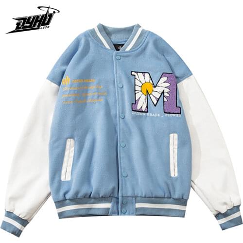 Hip Hop Jacket Men Baseball Fashion Coat Bomber Furry Flower Alphabet Patchwork Color Block Jacket Women Harajuku Streetwear Men