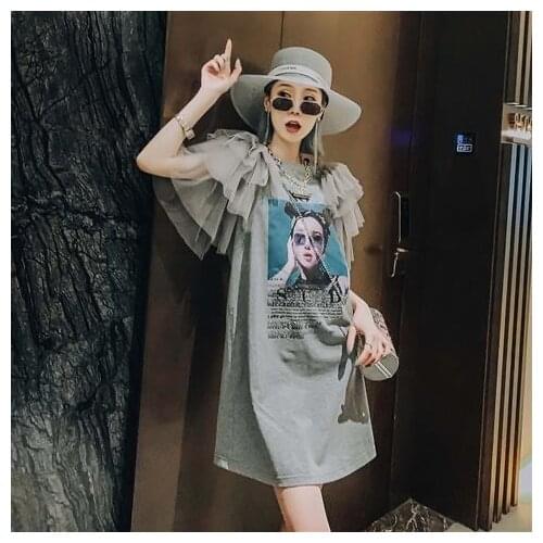 IHOBBY Summer Girl Print Women Casual Cotton Dress Ruffles Lace Sleeve Girls Fashion Mini Dresses