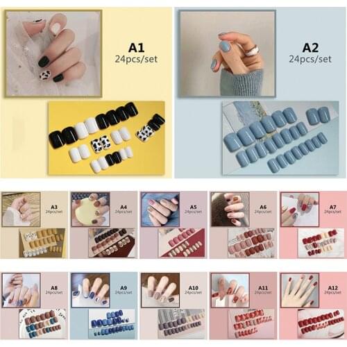 48 Types Fake Nails Art Nail Tips Press on False with Designs Set Full Cover Artificial Short Kiss Display Clear Tipsy Stick