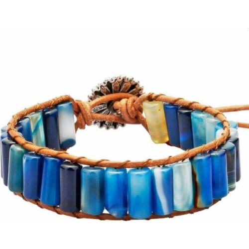 New Boho Bracelets Tube Shape Natural Stone 1 Layer Leather Wrap Bracelet Semi Precious Stones Beadwork Couple Bracelet Dropship