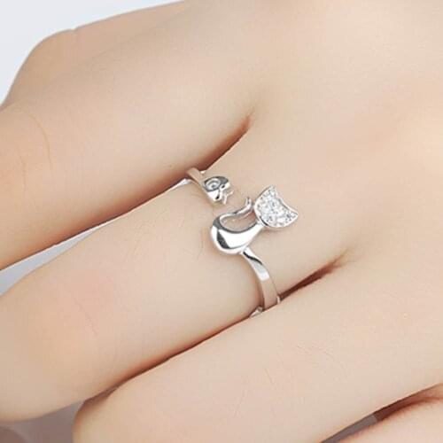 New Lovely Cat Shape Clear Crystal Inlaid Women Girl Opening Ring Party Jewelry Adjustable Wedding Rings Bague