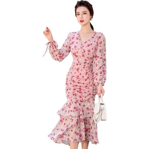Autumn Print long Dress one piece korea Ladies Long Sleeve chiffon Sexy Maxi party dresses for women clothing