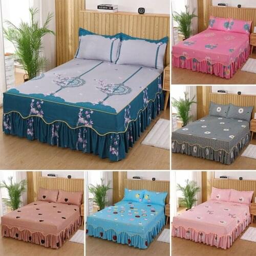 Bed Skirt With 1 Pair Pillowcase Flower Printed Bedsheet Soft Non-Slip Bedspread Mattress Cover Purple Lace Bed Skirt Textile