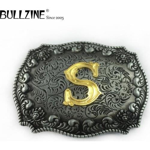 The Bullzine letter S belt buckle with pewter and gold finish FP-03687-S suitable for 4cm width belt