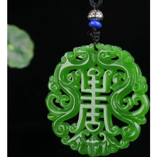 High Quality High Imitation Green Nephrite Pendant Hollow-out Chinese Double Dragon Pendent Necklace Mens Jewelry Free Rope
