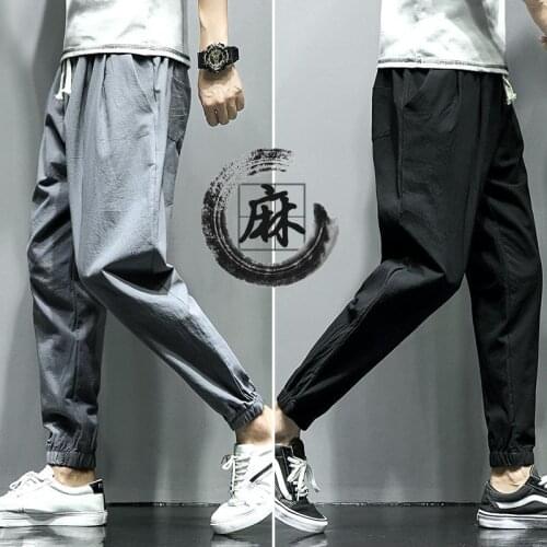 Japanese cotton flaxen trousers ankle banded pants men loose harem Chinese style large bloomers linen knickerbockers 5XL 6XL 7XL