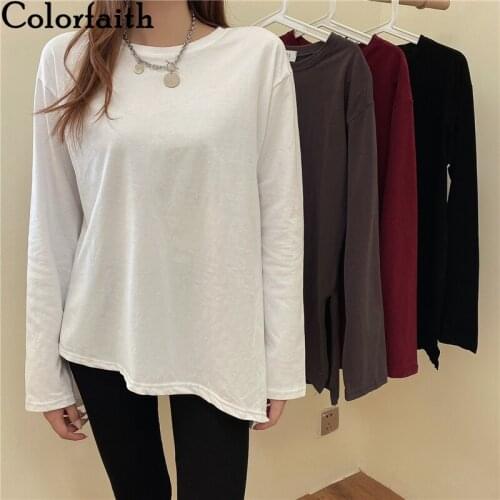 Colorfaith New 2020 Women Autumn Winter T-shirt Solid Hem Irregular Split Bottoming Basic Fashionable Wild Oversize Tops T6100