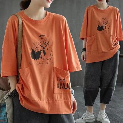 Half Sleeve T-shirt Women 2021 Summer New Korean Version Loose Mid-length Large Size Pocket Sleeve Womens Shirt