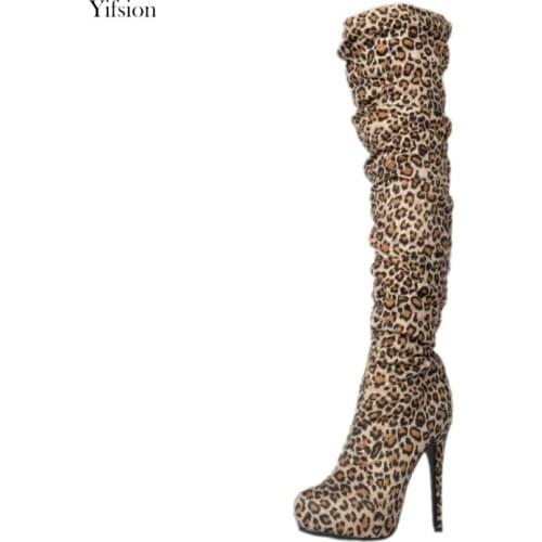 Olomm Women Platform Boots Over The Knee Boots Sexy Thin High Heels Leopard Boots Round Toe Casual Shoes Women US Size 4-15