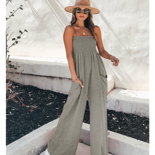 Women Traf Summer Siamese Trousers Solid Color Spaghetti Strap Ruffled Loose Jumpsuit with Pockets for Girls, 3 Colors
