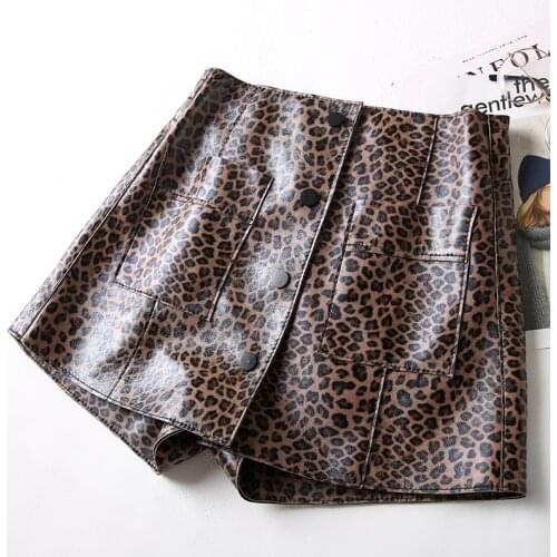 Spring Skirts Women Sheepskin Genuine Leather Black Brown Leopard Print High Waist Pocket Female Sexy Hot Shorts