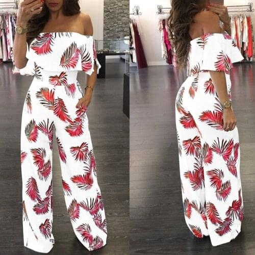 Printed Pattern Ruffle Casual Fashion Womens Jumpsuit Short Sleeve Slash Neck Wide Leg Pants Jumpsuits