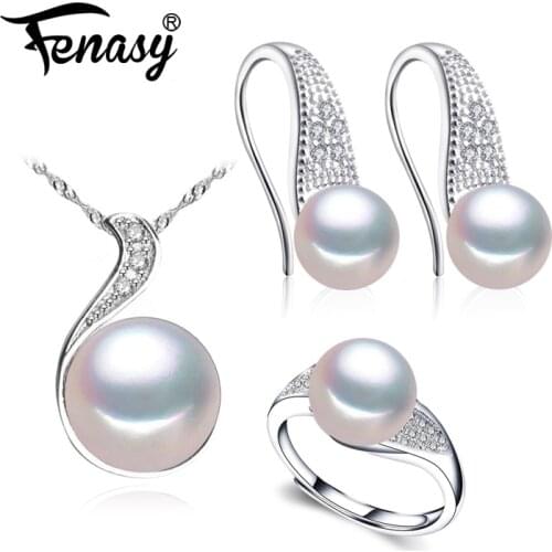 FENASY 925 Sterling Silver natural pearl jewelry sets for women,stud earrings,bohemian pendant necklace engagement ring set