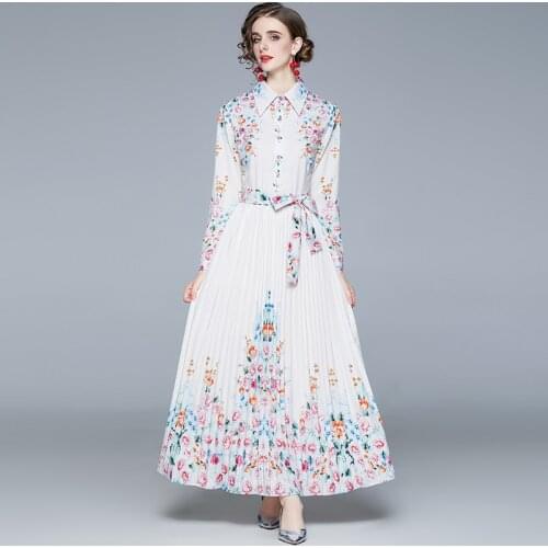 2021 Autumn Fashion Floral Printed Runway Long Dress Women Long Sleeve Vintage Bow Sashes Pleated Maxi Dress