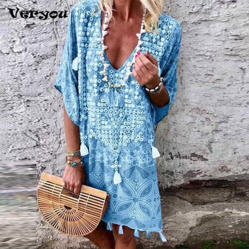 Dress Summer 2021 Bohemian Style Sexy V-neck Print Tassel Dress Womens Sexy Dress Lace Knot Loose Beach Casual Dress
