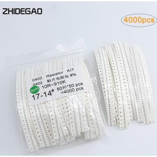 0402 SMD Resistor Kit Assorted Kit 10 Ohm-910K ohm 5% 80valuesX 50pcs=4000pcs Sample Kit