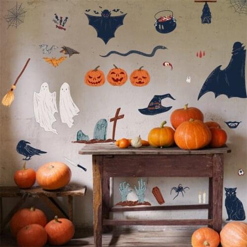 2Pcs Removable Halloween Wall Stickers Horror Witch Pumpkin Ghost Window Clings Stickers Spider Web Party Home Floor Wall Decal