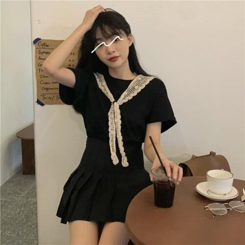 3 Sizes M-xl Two Piece Lace Set Solid Simple Korean Style Simple Fashioin Basic Short Sleeve Women Top T-shirts