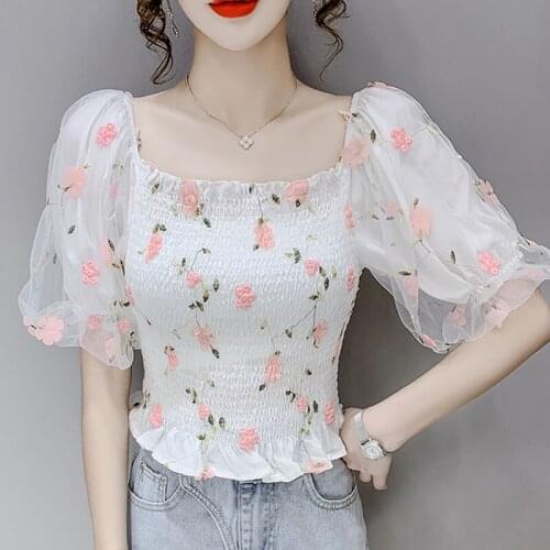Blusas Mujer De Moda 2021 Vetement Femme Chiffon Lantern Sleeves Flowers Mesh Embroidery Tops Slash Neck Blouses White Tops 0642