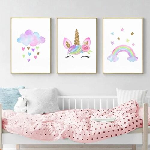 Baby Girl Nursery Wall Art Canvas Poster Print Cloud with Heats Painting Rainbow Unicorn Picture Nordic Kids Room Decoration