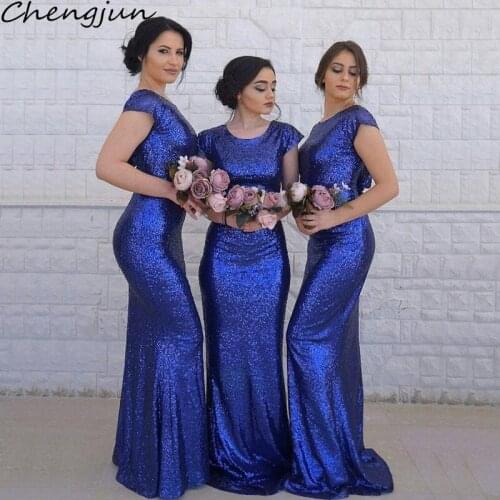 Chengjun Scoop Neck Beach Blue Sequins Long Bridesmaid Dresses With Cap Sleeves