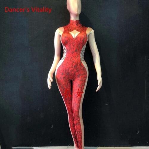 Nightclub Singer Model Pole Dance DJ Guest Red Sleeveless Elastic Long Body Suit Women Stage Wear Adult Performance Costume
