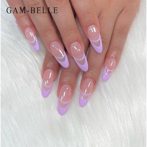 GAM-BELLE 24Pcs Lavender Half French False Nails Long Oval Full Cover Glossy Artificial Fake Nail Tips Manicure Beauty Tools