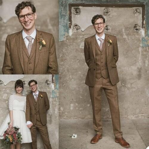 3Pieces Custom Mens Suit Winter WoolenThickened V-Neck Long-Sleeved Slim-Fit Single-Button Cocktail Party Suit