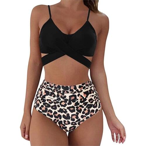 Solid Top Printed Bottom Bikini Set 2021 Sexy Swimwear Women High Waist Swimsuit Cross Push Up Bikini Plus Size Bathing Suit XL