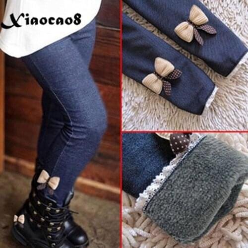 New Fashion Kids Winter Warm Leggings Pants Toddler Baby Spring Fall Clothes Girls Thick Velvet Trousers With Bow 6 8 10 11