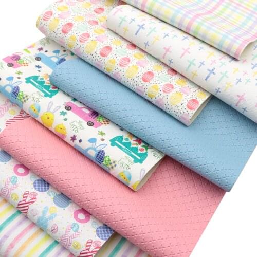 Rabbit Eggs Chevron Printed Faux Leather Sheets Glossy Glitter Solid Color Synthetic Leather Fabric Set for Easter Day Crafts