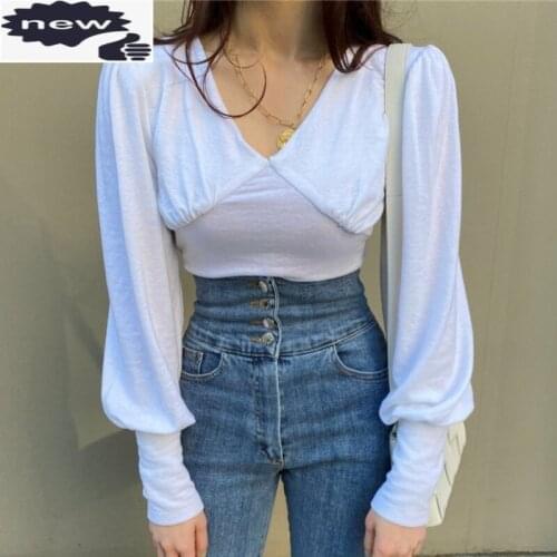 Fashion V-Neck Long Sleeve T-Shirt Office Ladies Slim Fit White Tops Retro Elegant Simple Tees New Casual Female Autumn T-Shirts