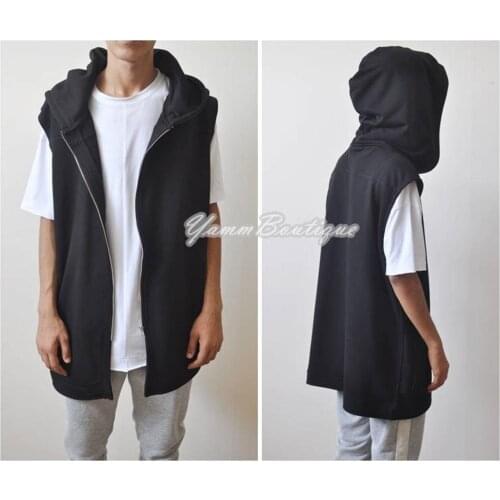 Sleeveless Draped Oversized Mens Overlong Hooded Waistcoat Sweatshirt/ Functional Training Tactical Structured Asymmetric Hem