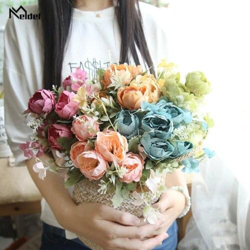 Small Bouquet Artificial Silk Rose Fake Flowers Peony Floral Wedding Bouquet Bridal Office Bar Hotel Home Accessories Silk Flore