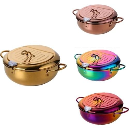 Stainless Steel Frying Pot with a Thermometer and a Lid Deep Tempura Fryer Pan Skillet Kitchen Tools