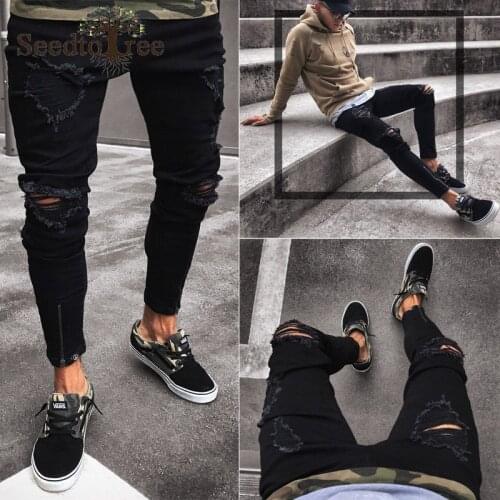 Mens Slim Jeans Black Ripped Elastic Zipper Mens Pencil Pants Hole Jeans