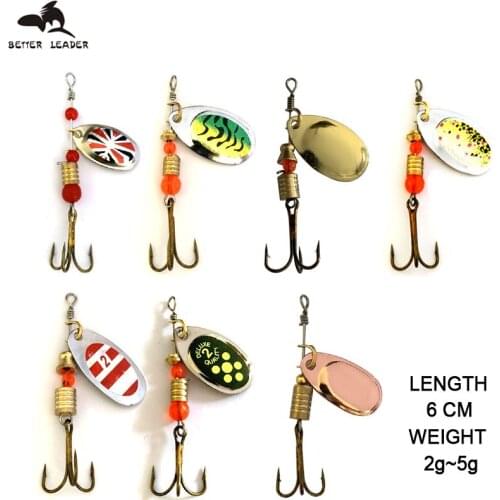 ORJD 6pcs Metal Spinners Baits 2g 3g 4g 5g Fishing Lure Blue Gill Wobbler CrankBaits With Mustad Treble Hooks