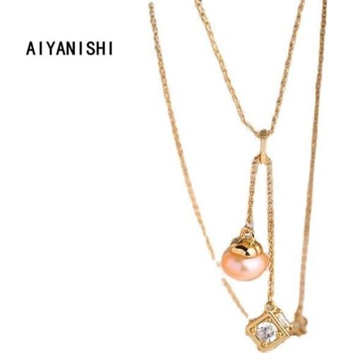 AIYANISHI 18K Gold Filled Natural Freshwater Pearl Necklaces Cube Chain Pearl Pendant Necklaces For Women Wedding Party Jewelry