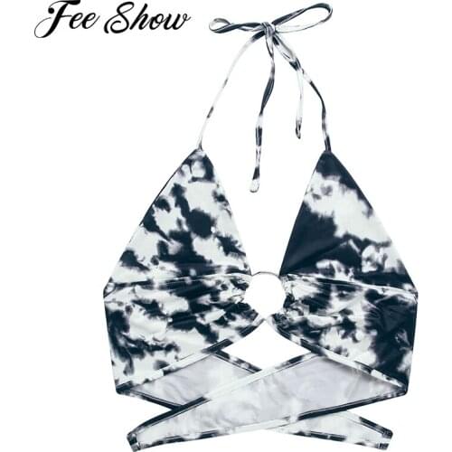 Sexy Women Tie Dye Bikinis Bra Top Swimwear Beachwear V Neck Halter Tie Back Triangle Push Up Bikini Bra Swimming Bathing Suits