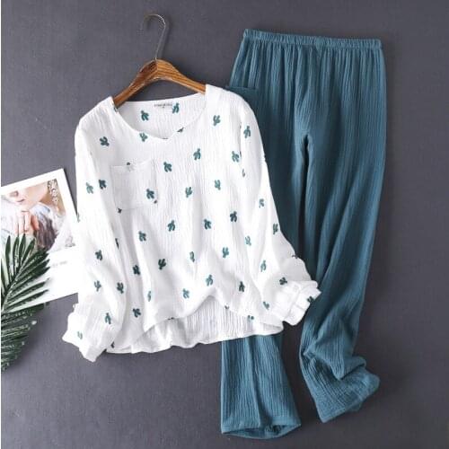 Japanese Style Spring and Autumn Pajamas for Women Pure Cotton Crepe Cloth Long-sleeved Trousers Cactus Comfortable Lounge Wear