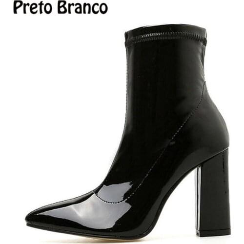 PRETO BRANCO 2020 Women Mid Calf Point Toe Thick With Pointed Pointed Thin High-heeled Patent Leather Boots Womens Boots JXQ